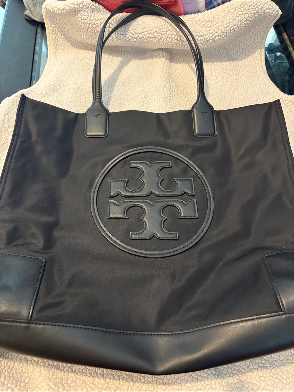 Tory Burch Black Nylon Logo Tote with Leather Trim